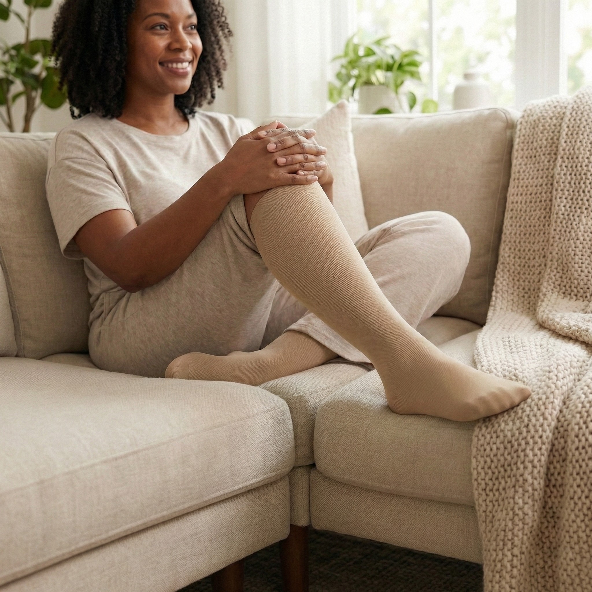 Happy woman relaxing with comfortable legs wearing compression socks